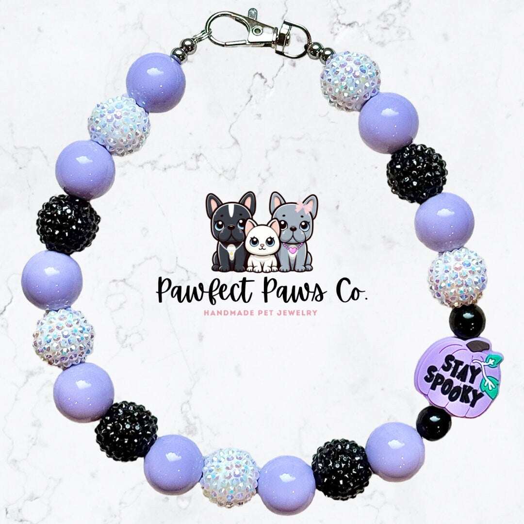 Stay Spooky* Purple, Black & White Sparkle Pumpkin Custom Beaded Dog/Cat Collar Necklace!