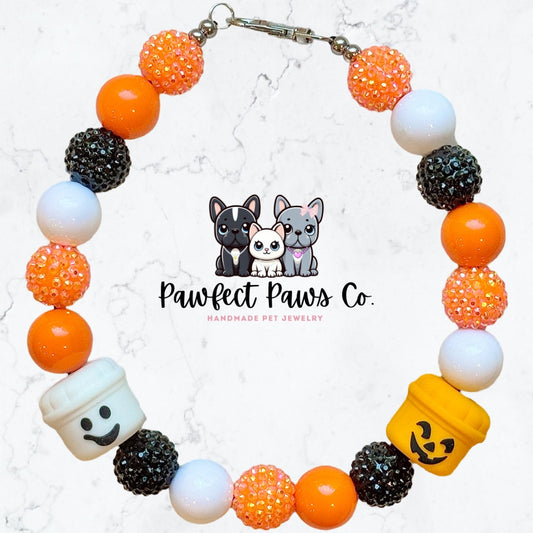 McBoo* White, Orange & Black Sparkle McD Ghost Pumpkin Bucket Custom Beaded Dog/Cat Collar Necklace!