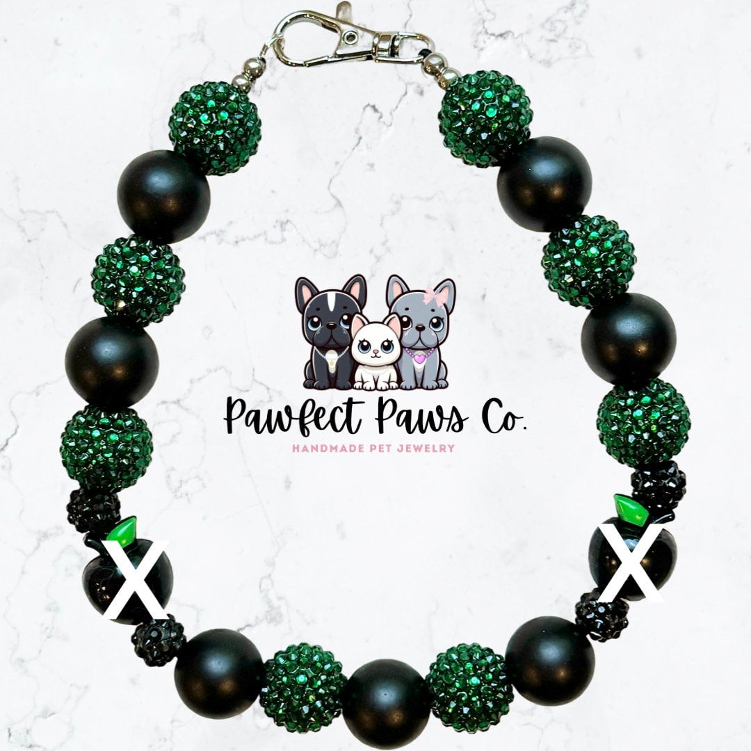 Bite Me* Black & Green Sparkle Poison Apple Custom Beaded Dog/Cat Collar Necklace!