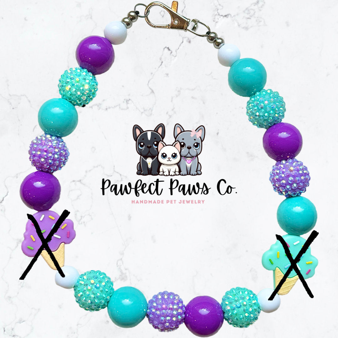 Icecream Paws* Teal & Purple Sparkle Ice cream Custom Beaded Dog/Cat Collar Necklace!