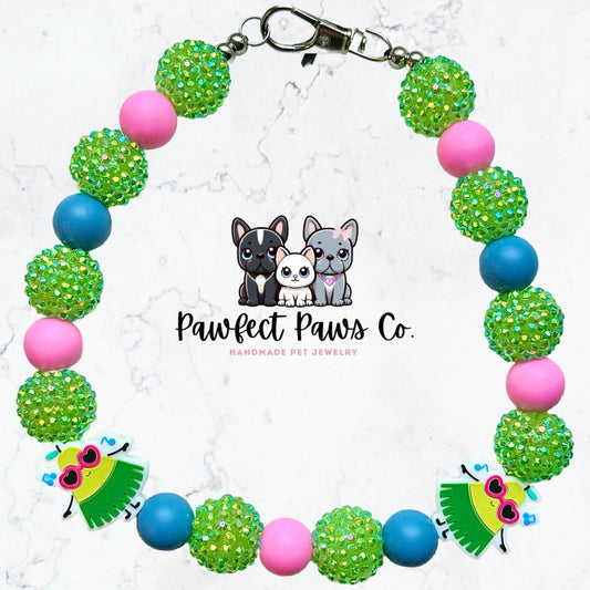 Pearidise* Pink, Blue & Green Sparkle Hula Pear Custom Beaded Dog/Cat Collar Necklace!