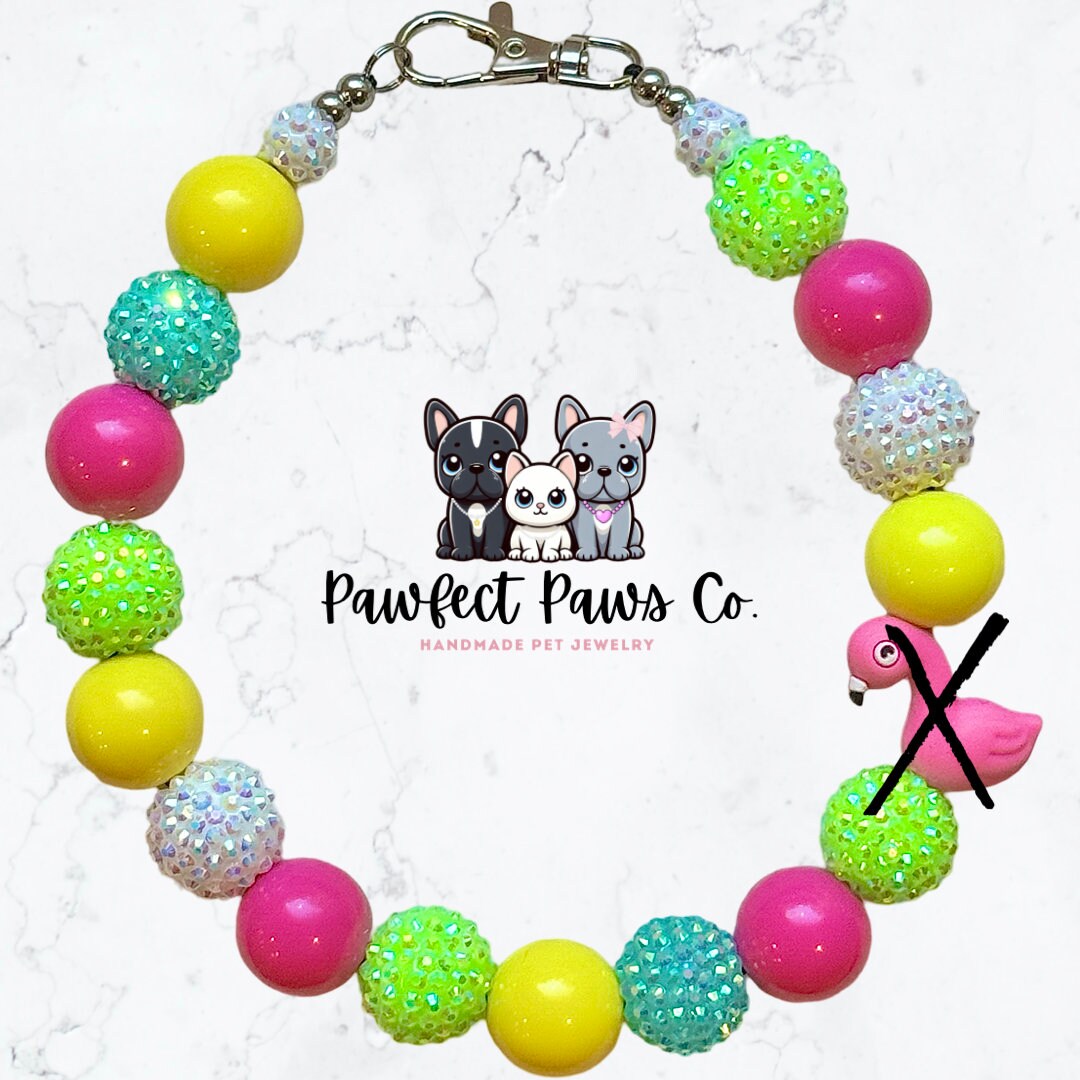 Tropic like it’s Hot* Pink, Green, Yellow, White & Teal Sparkle Flamingo Custom Beaded Dog/Cat Collar Necklace!