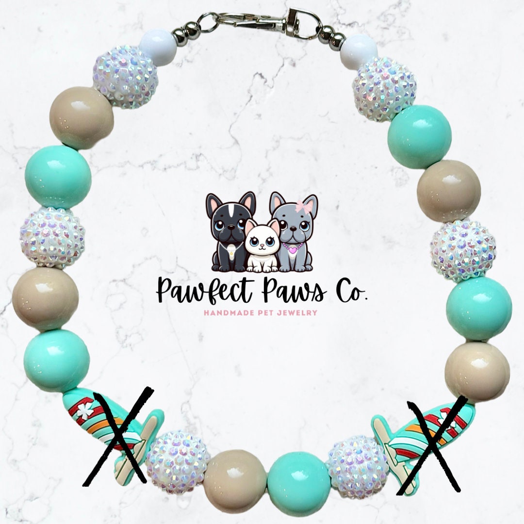 Surf’s Up* Tan, Teal & White Sparkle Surfboard Custom Beaded Dog/Cat Collar Necklace!