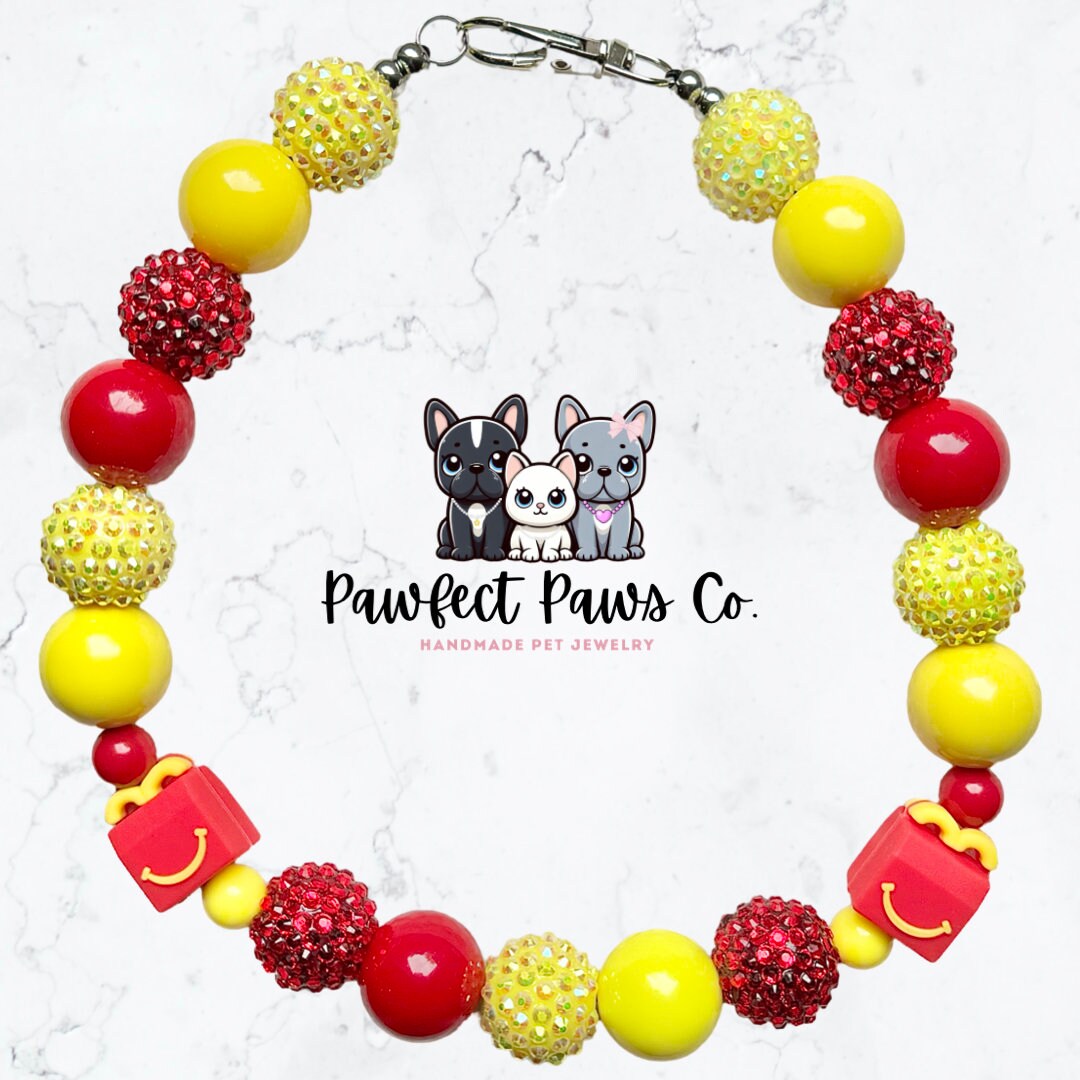 Happy Meal* Red & Yellow Sparkle McD Custom Beaded Dog/Cat Collar Necklace!