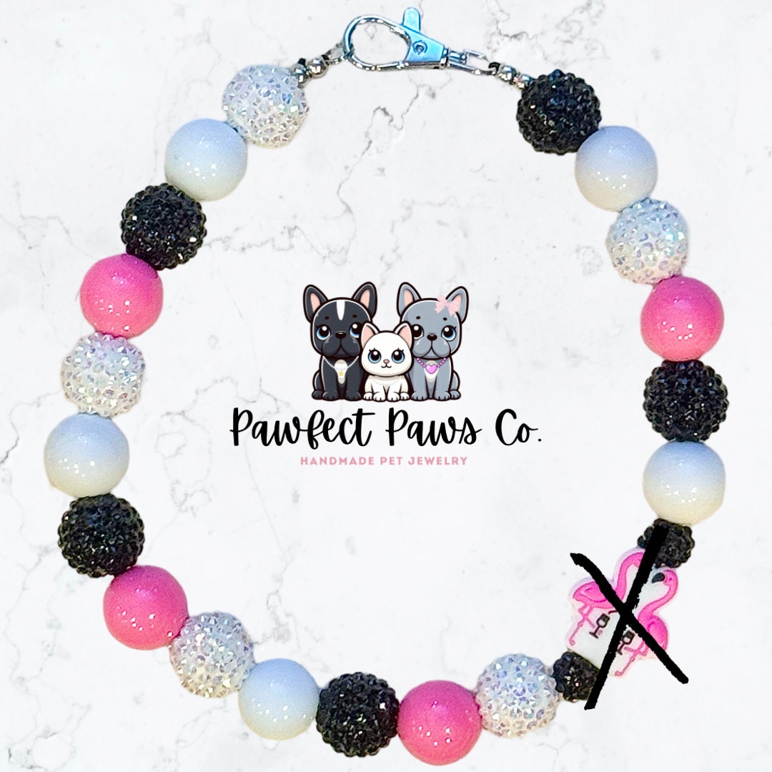 Pink Paradise* Pink, Black & White Sparkle Flamingo Drink Custom Beaded Dog/Cat Collar Necklace!