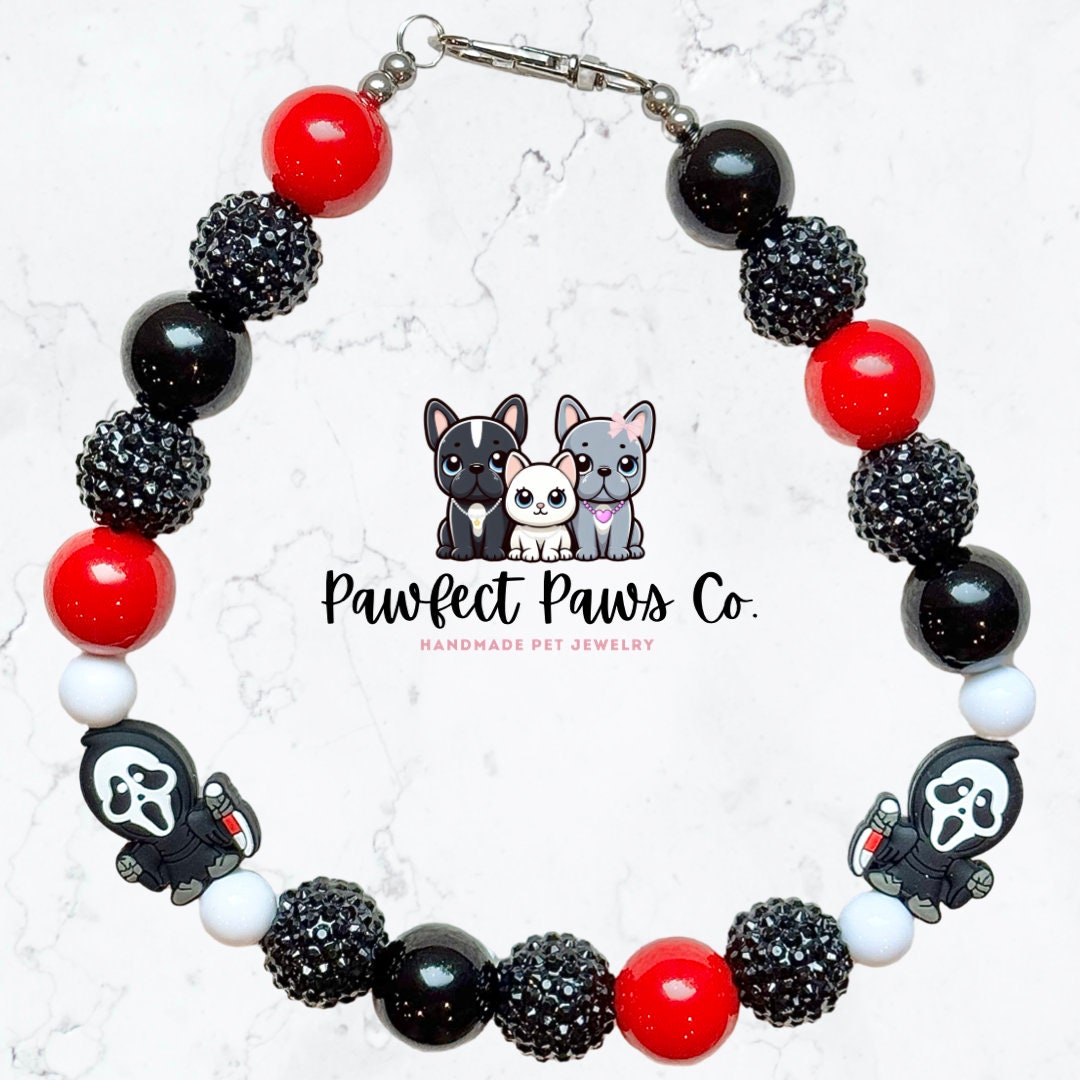 Scream * Red & Black Sparkle Halloween Ghost Face Custom Beaded Dog/Cat Collar Necklace!