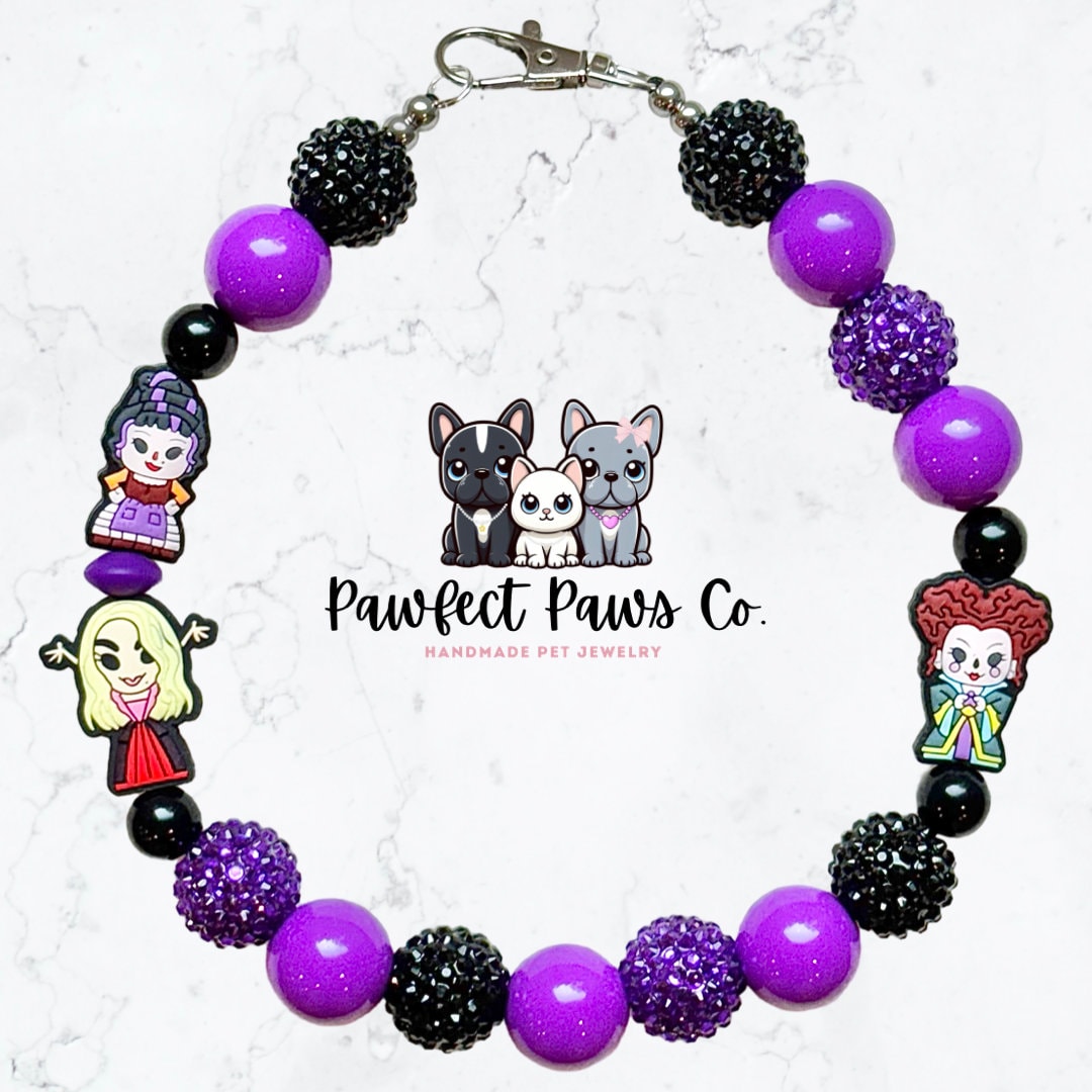 Sistahhhs * Black & Purple Sparkle Halloween Hocus Pocus Sanderson Sisters Custom Beaded Dog/Cat Collar Necklace!