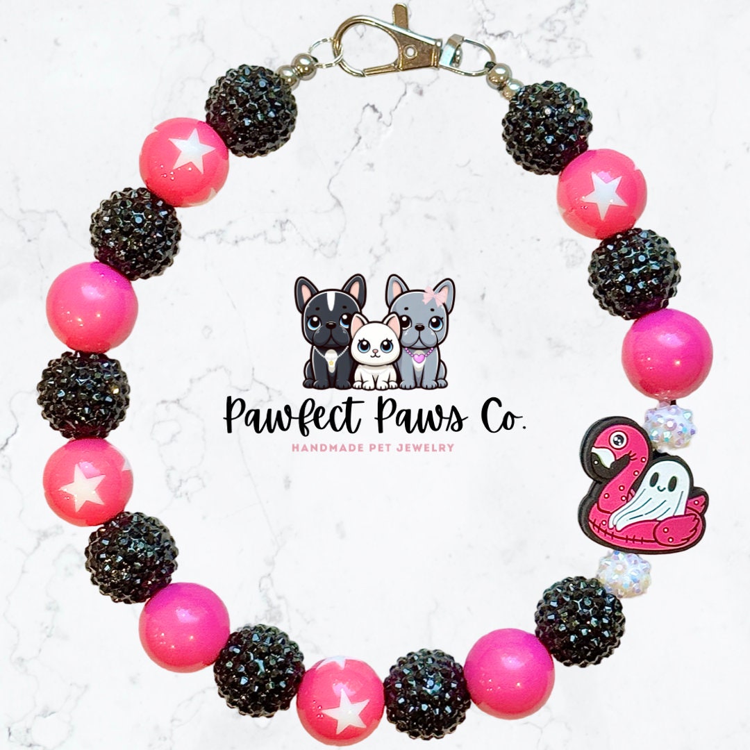 FlaminGHOST * Pink & Black Sparkle Flamingo Ghost Custom Beaded Dog/Cat Collar Necklace!