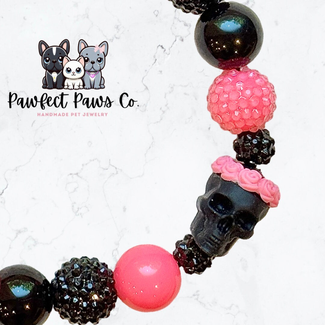 Sweet & Skully * Pink Black Sparkle Skull Custom Beaded Dog/Cat Collar Necklace!