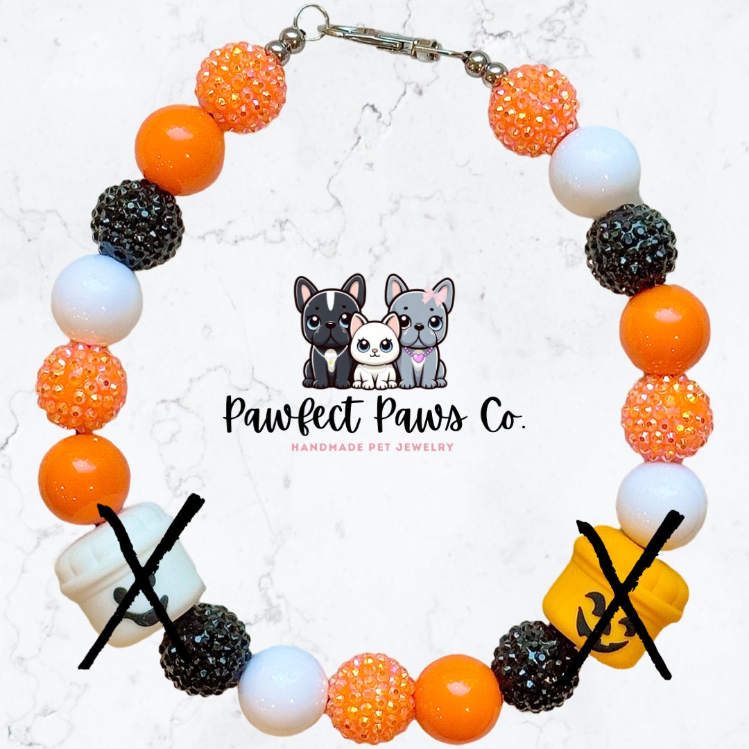 McBoo* White, Orange & Black Sparkle McD Ghost Pumpkin Bucket Custom Beaded Dog/Cat Collar Necklace!