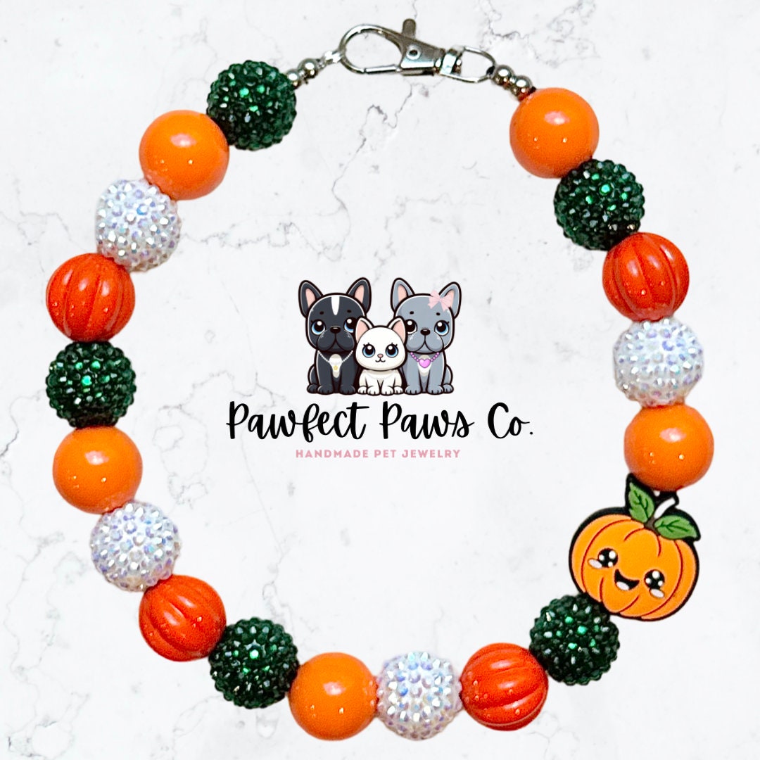 GOURDgeous* Orange, Green & White Sparkle Smily Pumpkin Custom Beaded Dog/Cat Collar Necklace!