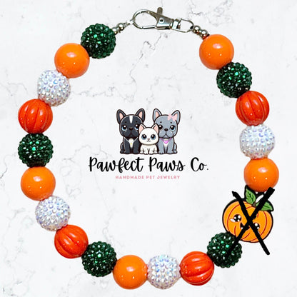 GOURDgeous* Orange, Green & White Sparkle Smily Pumpkin Custom Beaded Dog/Cat Collar Necklace!