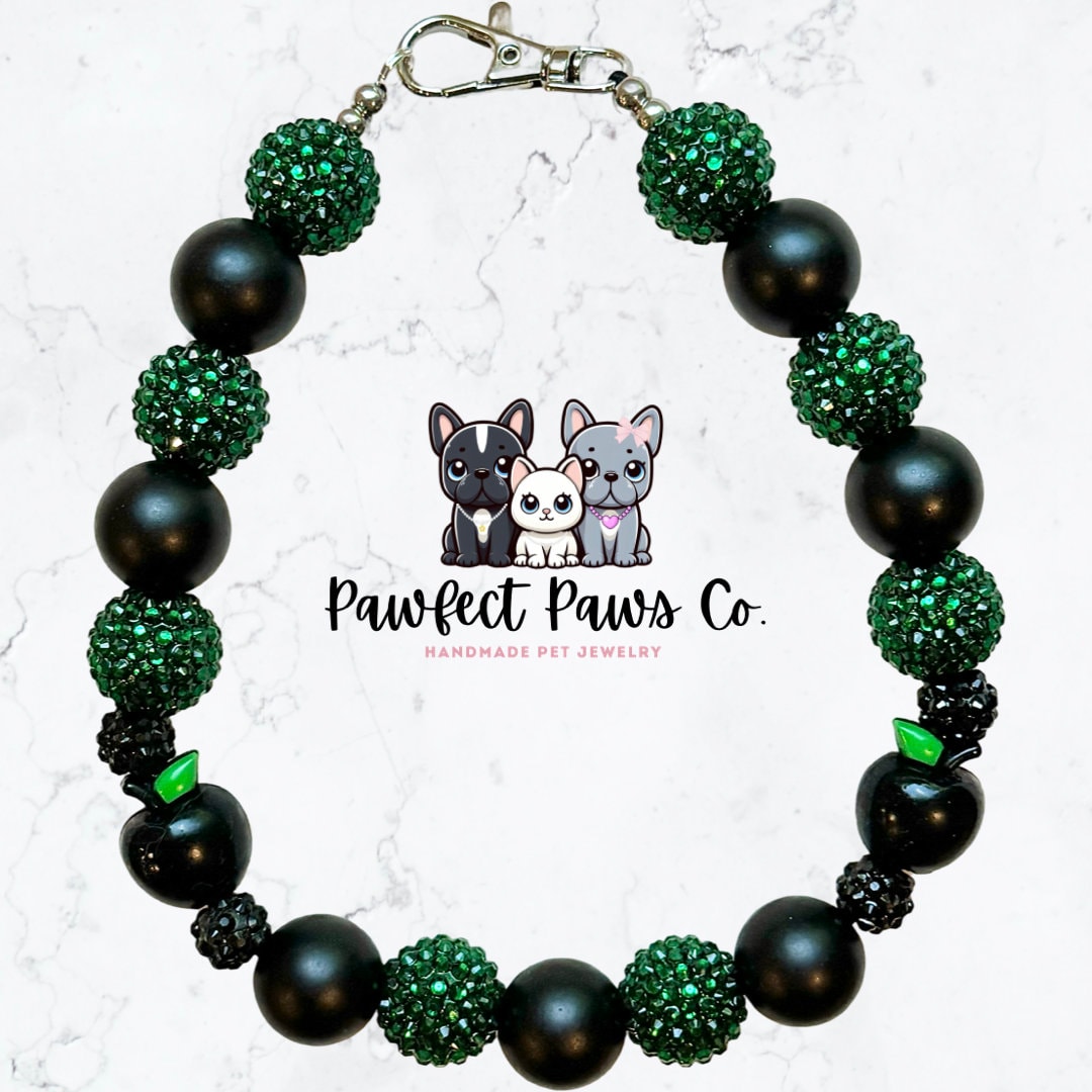 Bite Me* Black & Green Sparkle Poison Apple Custom Beaded Dog/Cat Collar Necklace!