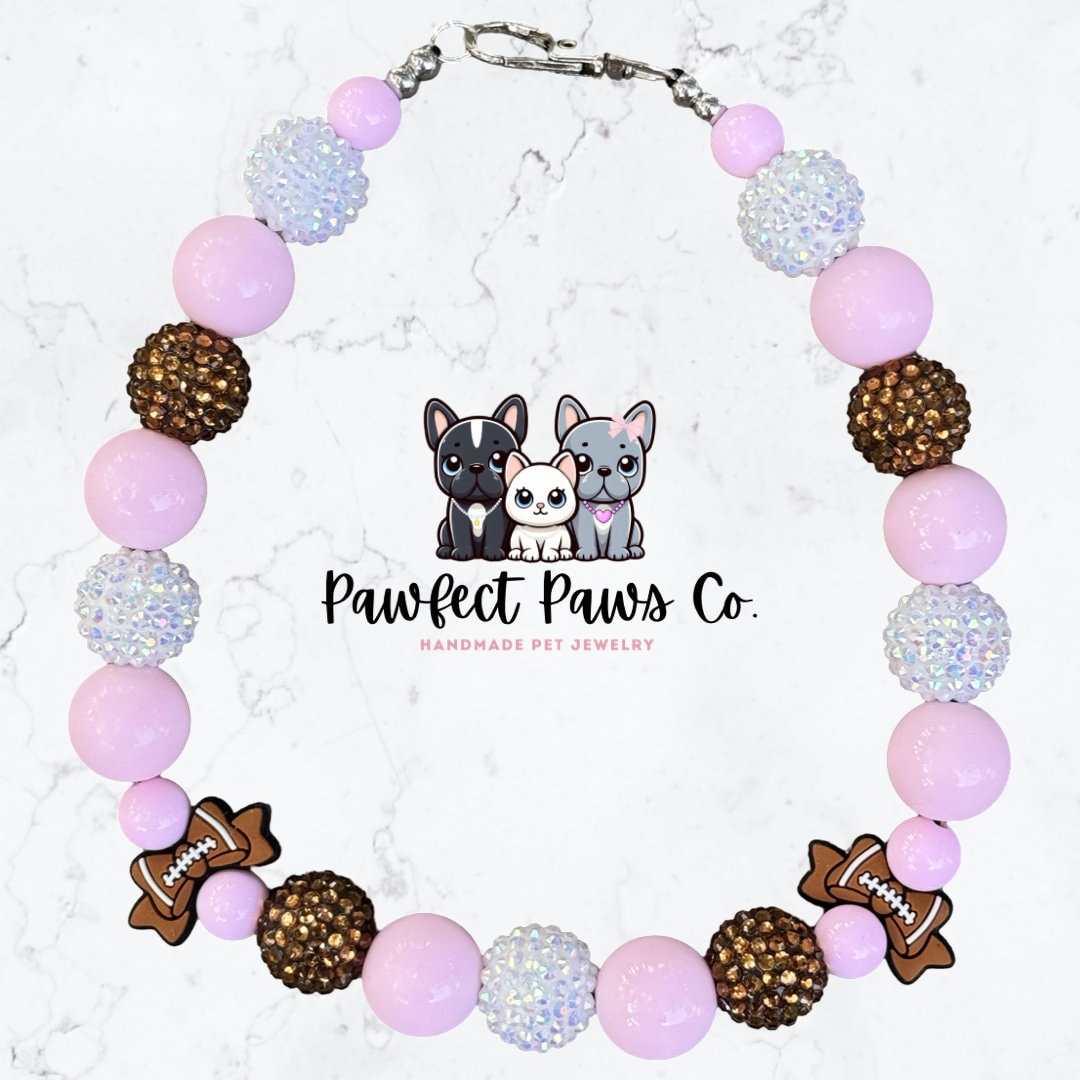 Bows & Goals* Pink, Brown and White Sparkle Football Custom Beaded Dog/Cat Necklace!