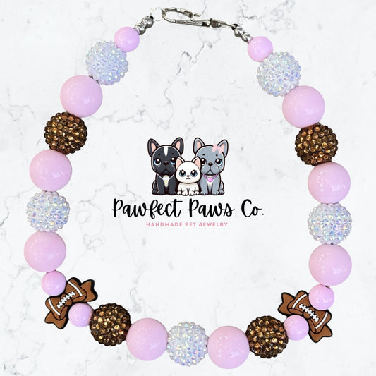 Bows & Goals* Pink, Brown and White Sparkle Football Custom Beaded Dog/Cat Necklace!