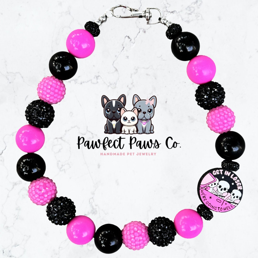 Going to Hell* Pink & Black Sparkle Skull Halloween Custom Beaded Dog/Cat Necklace!