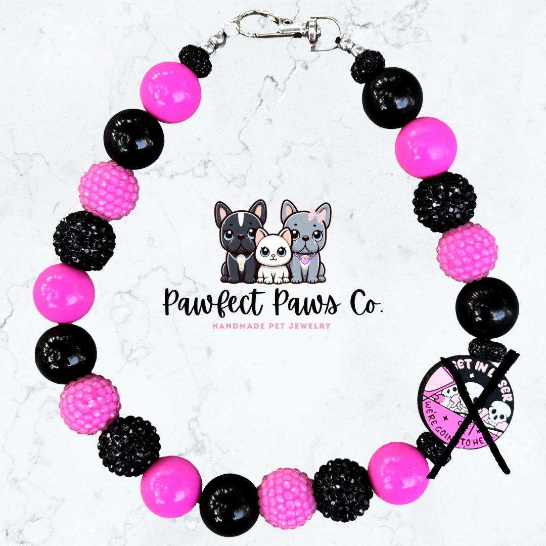 Going to Hell* Pink & Black Sparkle Skull Halloween Custom Beaded Dog/Cat Necklace!