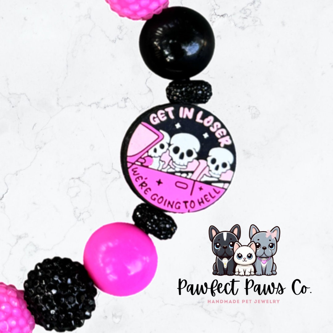 Going to Hell* Pink & Black Sparkle Skull Halloween Custom Beaded Dog/Cat Necklace!