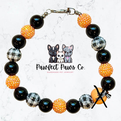 Pumpkin Patch* Orange & White Sparkle Checkered Pumpkin Custom Beaded Dog/Cat Necklace!