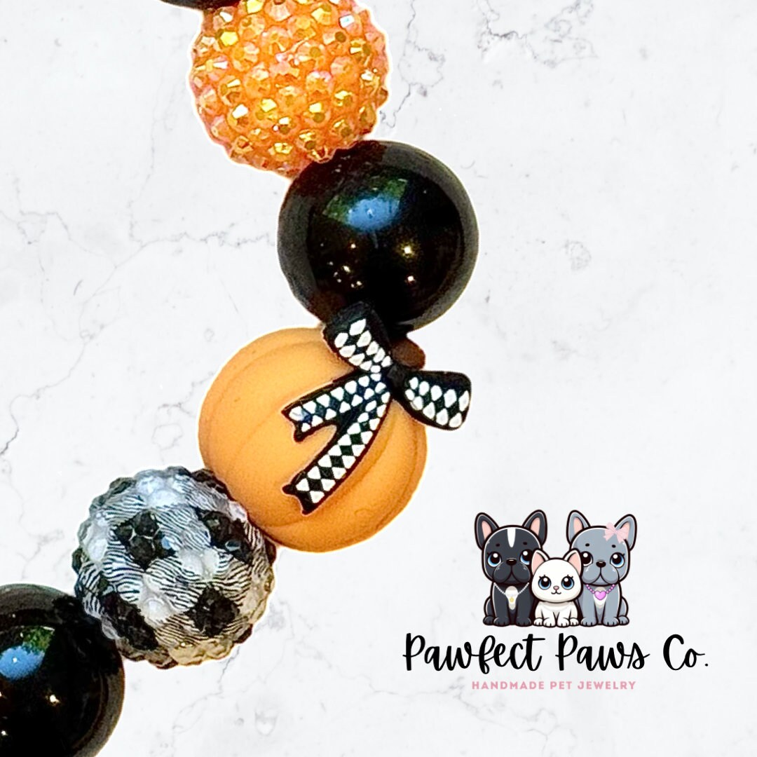 Pumpkin Patch* Orange & White Sparkle Checkered Pumpkin Custom Beaded Dog/Cat Necklace!