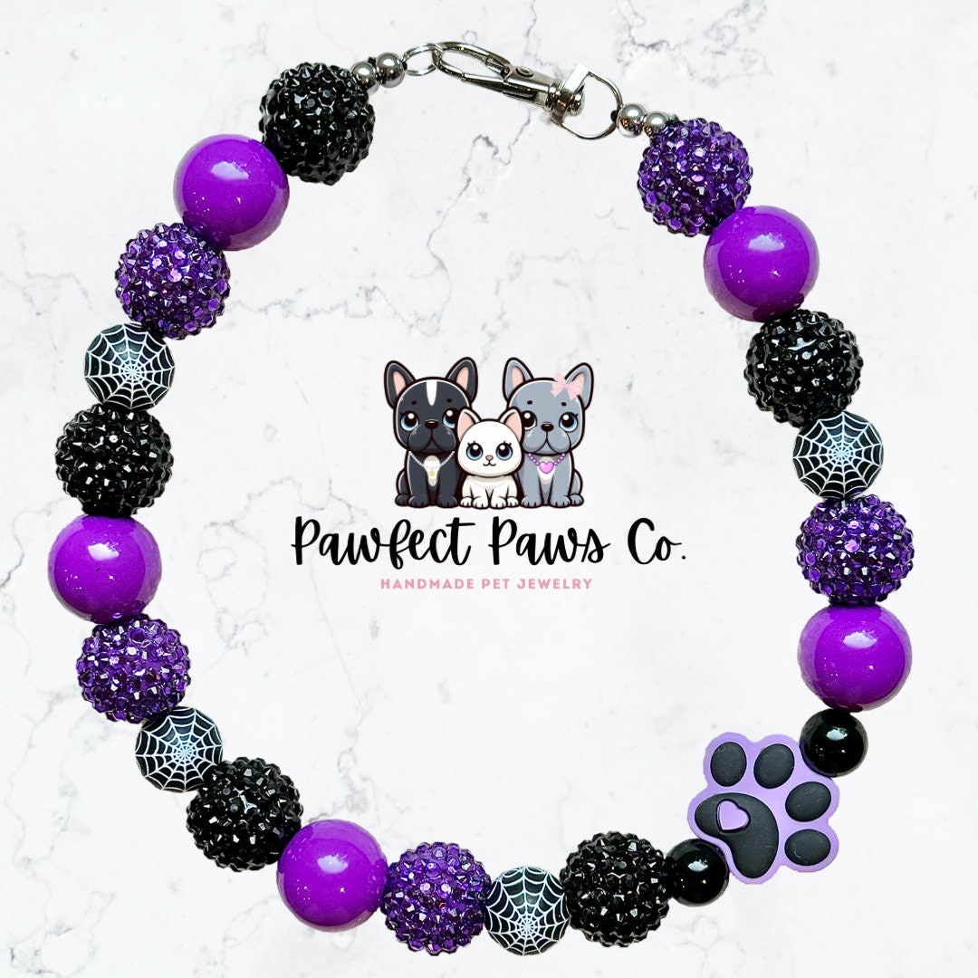 Spooky Paws* PawfectPawsCo turns 1! Black & Purple Sparkle Paw Print Custom Beaded Dog/Cat Necklace!