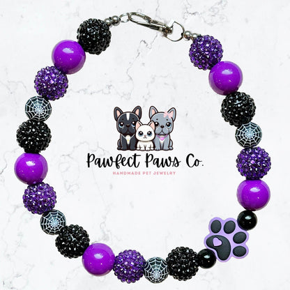 Spooky Paws* PawfectPawsCo turns 1! Black & Purple Sparkle Paw Print Custom Beaded Dog/Cat Necklace!