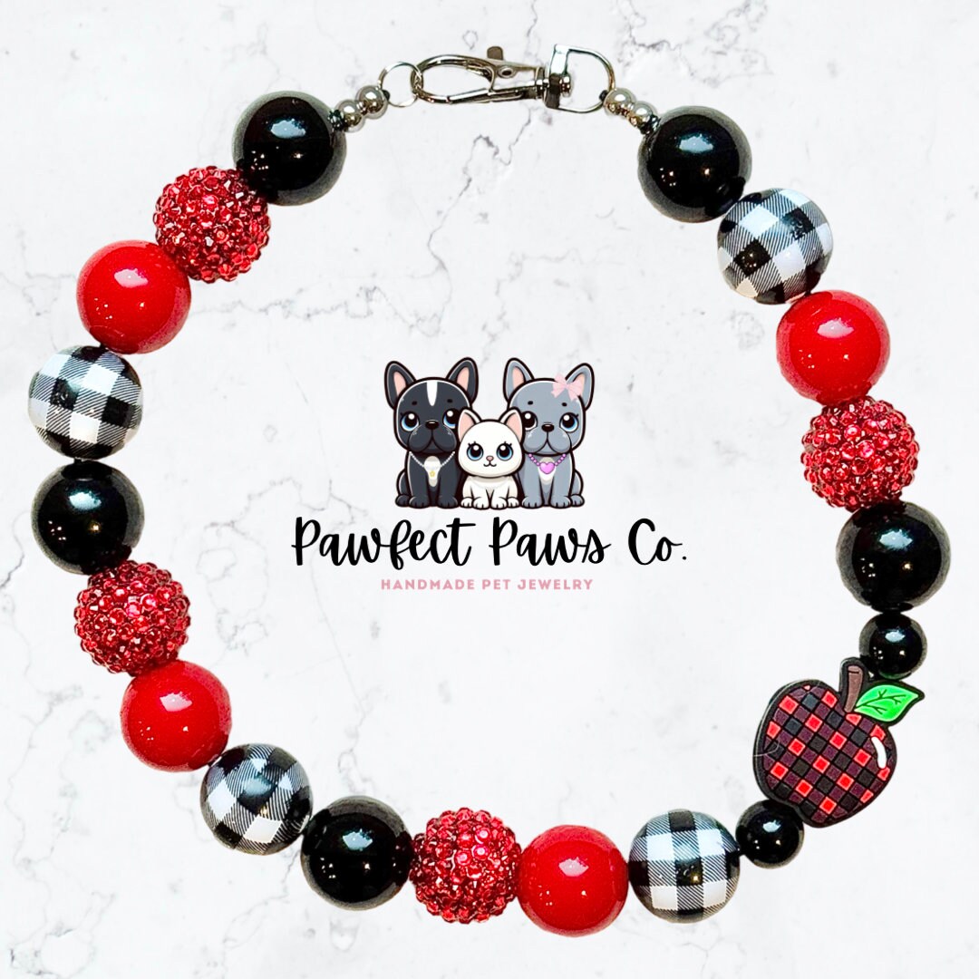 I Pick You* Red & Black Sparkle Checkered Apple Picking Custom Beaded Dog/Cat Necklace!