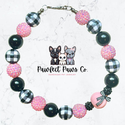 Coquette Cutie* Black & Pink Sparkle Checkered Pumpkin Custom Beaded Dog/Cat Necklace!