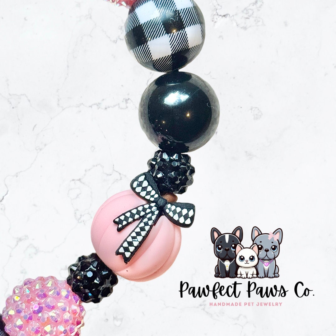 Coquette Cutie* Black & Pink Sparkle Checkered Pumpkin Custom Beaded Dog/Cat Necklace!