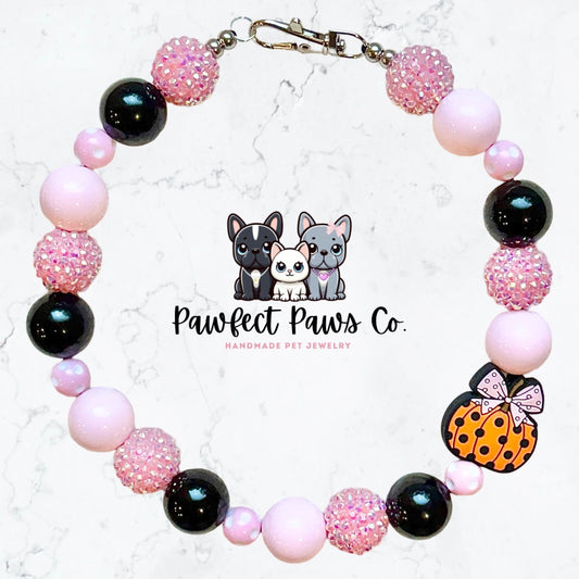 Very Demure* Black & Pink Sparkle Pumpkin Bow Custom Beaded Dog/Cat Necklace!