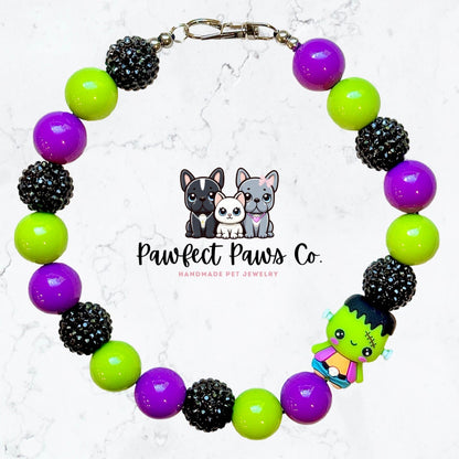 Frankenbling* Purple, Green & Black Sparkle Frankenstein Custom Beaded Dog/Cat Necklace!