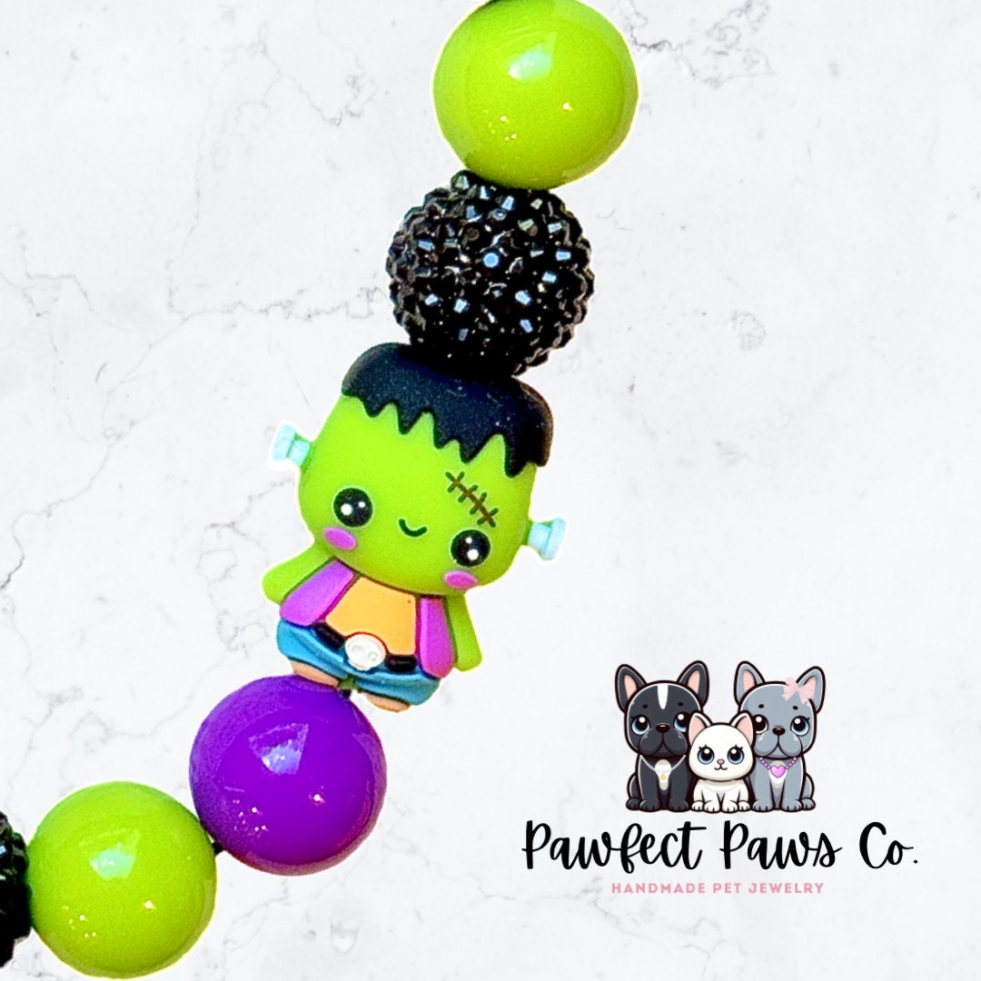 Frankenbling* Purple, Green & Black Sparkle Frankenstein Custom Beaded Dog/Cat Necklace!