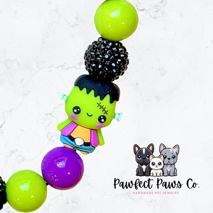 Frankenbling* Purple, Green & Black Sparkle Frankenstein Custom Beaded Dog/Cat Necklace!