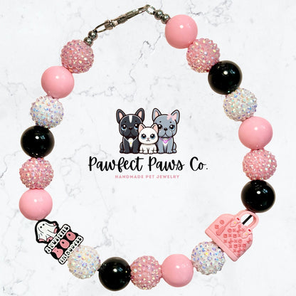 Boo in Boo-jee* Black, Pink & White Sparkle Luxury Ghost Custom Beaded Dog/Cat Necklace!