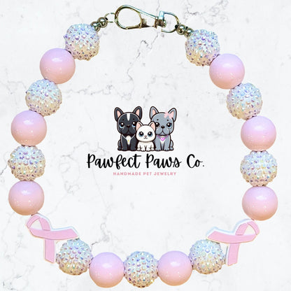 Faith, Hope, Love* Pink & White Sparkle Breast Cancer Awareness Ribbon Custom Beaded Dog/Cat Necklace!