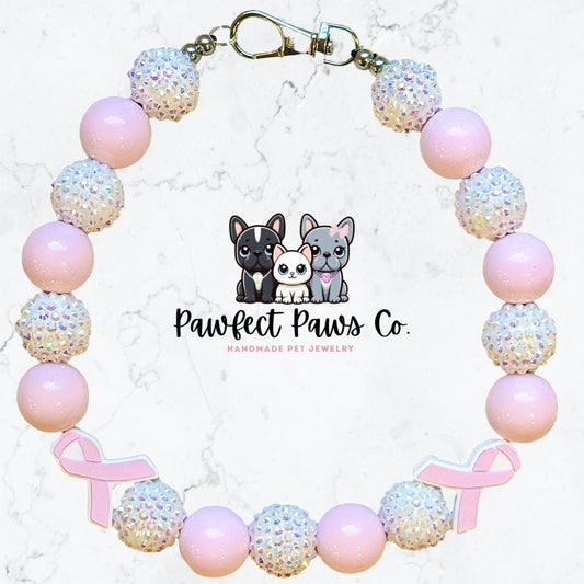 Faith, Hope, Love* Pink & White Sparkle Breast Cancer Awareness Ribbon Custom Beaded Dog/Cat Necklace!