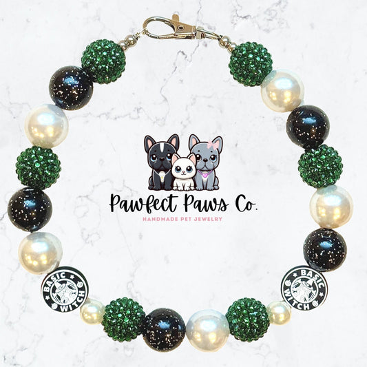 Witches Brew* Black, Pearl & Green Sparkle Basic Witch Pumpkin Spice Custom Beaded Dog/Cat Necklace!