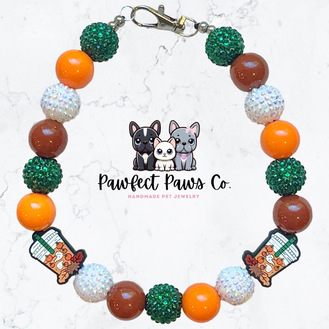 Boo Brew* Brown, Orange, Green & White Sparkle Ghost Pumpkin Spice Ice Coffee Custom Beaded Dog/Cat Necklace!