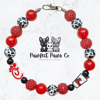 Eat More Chikin* Cow Print, Red & Black Sparkle Chick-Fil-A Custom Beaded Dog/Cat Necklace!