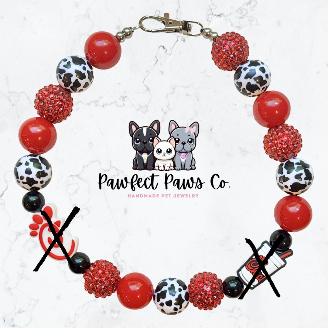 Eat More Chikin* Cow Print, Red & Black Sparkle Chick-Fil-A Custom Beaded Dog/Cat Necklace!