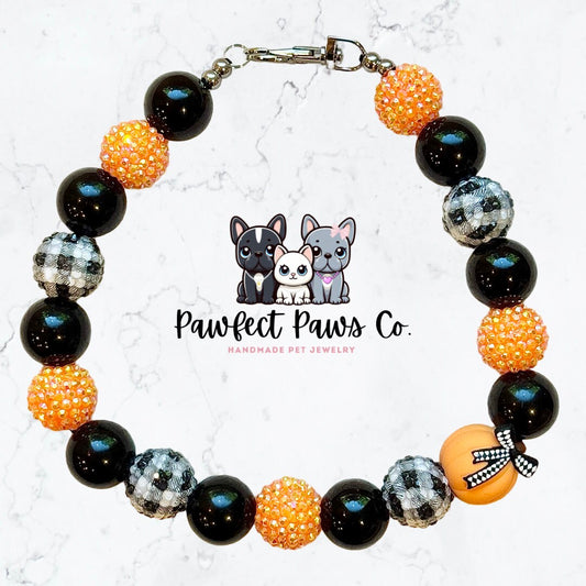 Pumpkin Patch* Orange & White Sparkle Checkered Pumpkin Custom Beaded Dog/Cat Necklace!