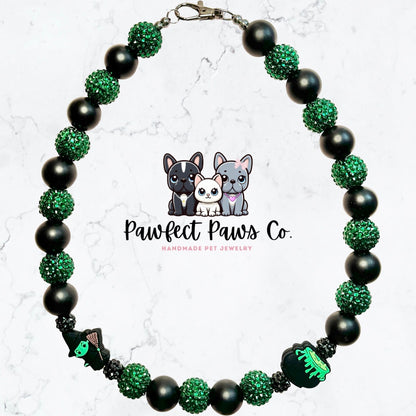 Wicked Witch* Black & Green Sparkle Witch Cauldron Custom Beaded Dog/Cat Necklace!