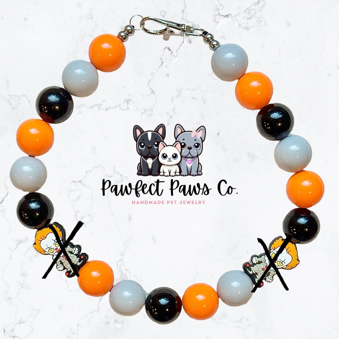 You’ll Float Too* Black, Gray & Orange It Clown Custom Beaded Dog/Cat Necklace!