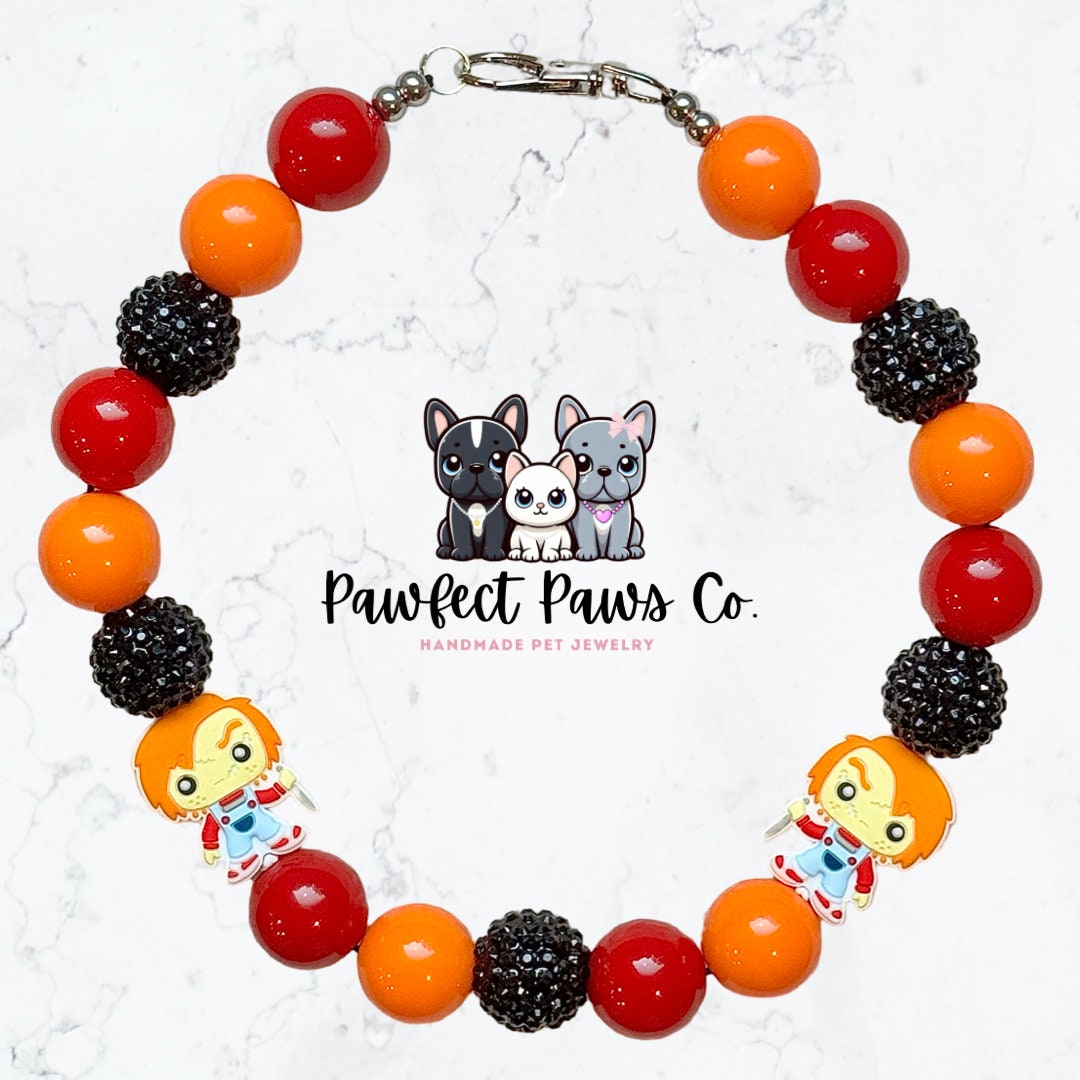 Wanna Play?* Red, Orange & Black Sparkle Chucky Doll Custom Beaded Dog/Cat Necklace!