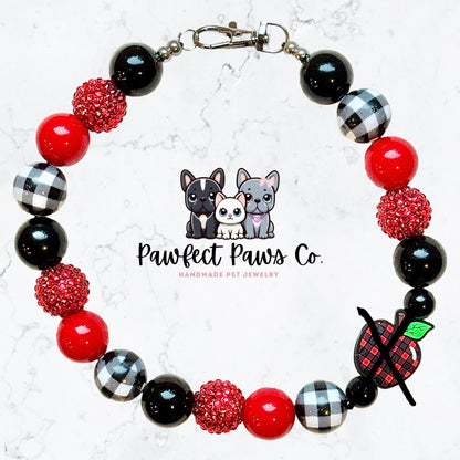 I Pick You* Red & Black Sparkle Checkered Apple Picking Custom Beaded Dog/Cat Necklace!