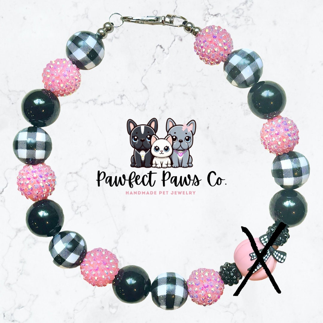 Coquette Cutie* Black & Pink Sparkle Checkered Pumpkin Custom Beaded Dog/Cat Necklace!