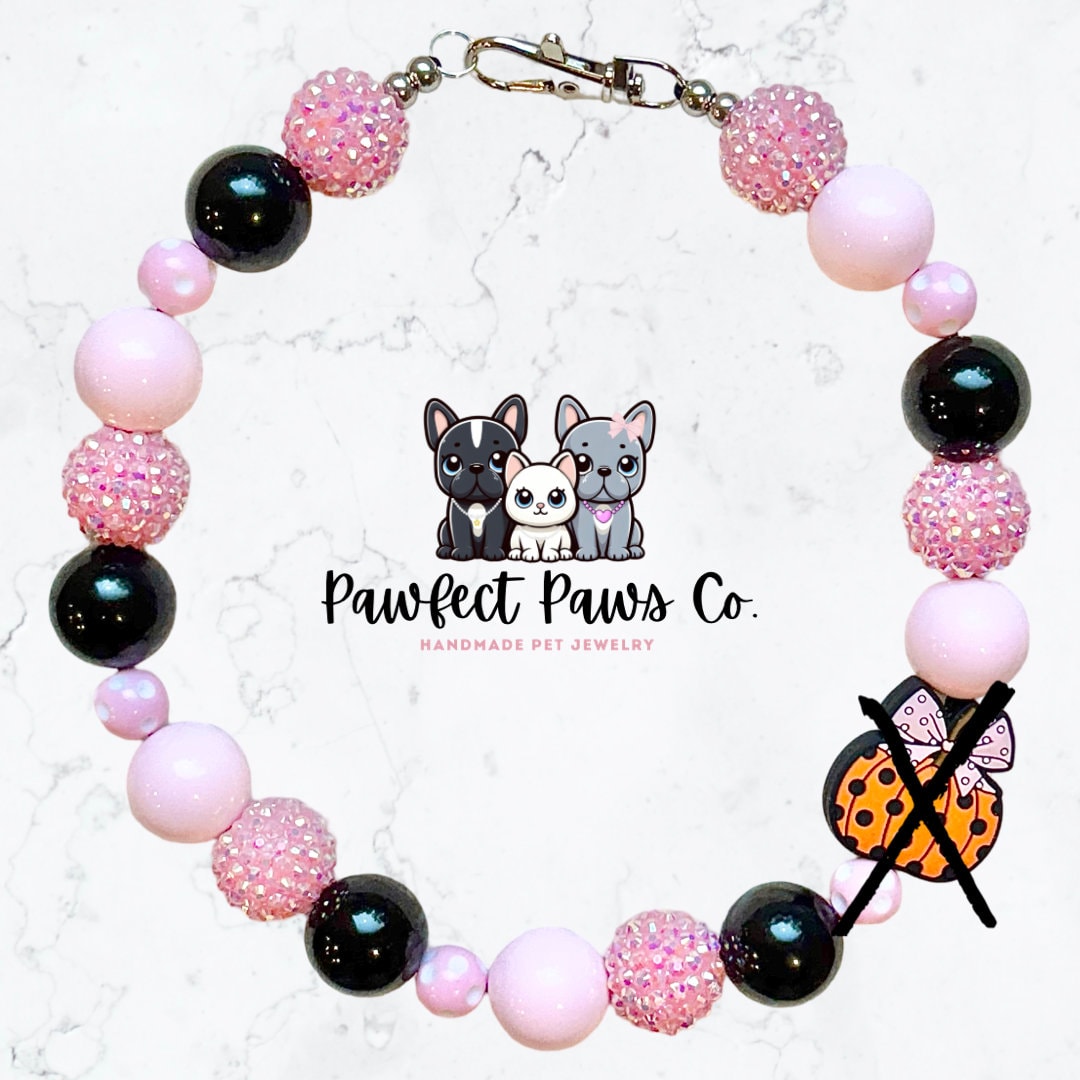 Very Demure* Black & Pink Sparkle Pumpkin Bow Custom Beaded Dog/Cat Necklace!