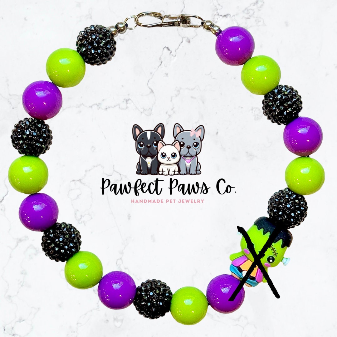 Frankenbling* Purple, Green & Black Sparkle Frankenstein Custom Beaded Dog/Cat Necklace!