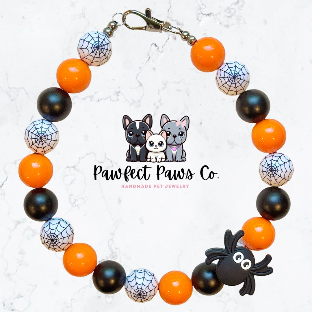 Spooky Spider* PawfectPawsCo turns 1! Black & Orange Spider Web Custom Beaded Dog/Cat Necklace!