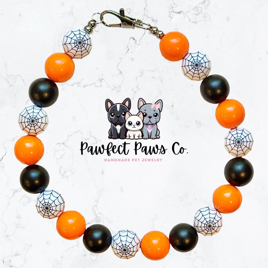 Spooky Spider* PawfectPawsCo turns 1! Black & Orange Spider Web Custom Beaded Dog/Cat Necklace!